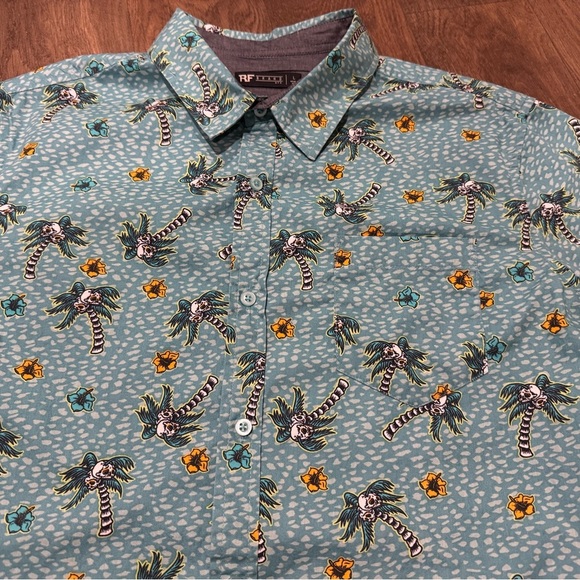RF Brand Shirt Mens Large Green Skull Palm Trees Hawaiian Button Up Short Sleeve - Picture 4 of 9